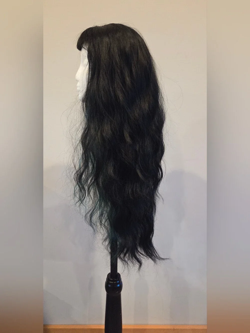 Black Wavy Synthetic Wig with Teal Highlights